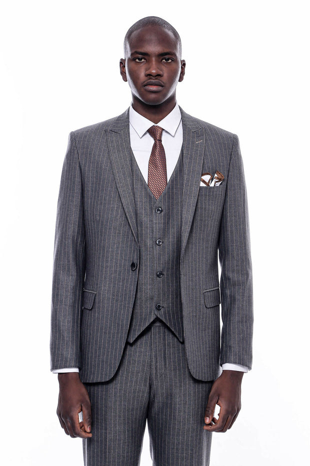 Striped Dark Grey Vested Suit 3-piece-suit, 36, 38, 40, 42, 44, 46, 48, Brown, Grey, mens-suit_obsolete, Modern Fit, Peak, Peak Lapel, Slim Fit, Slim Fit Suit, Striped, Suit, tan SuitSlim Fit