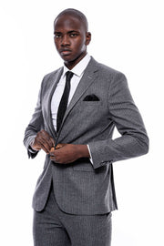 Striped Grey Double Breasted Suit $150 - $200, 3-piece-suit, 36, 38, 40, 42, 44, 46, 48, 6 Drop, Daily, Double Breasted, Italian, mens-suit_obsolete, Modern Fit, Office, Peak, Peak Lapel, Sli