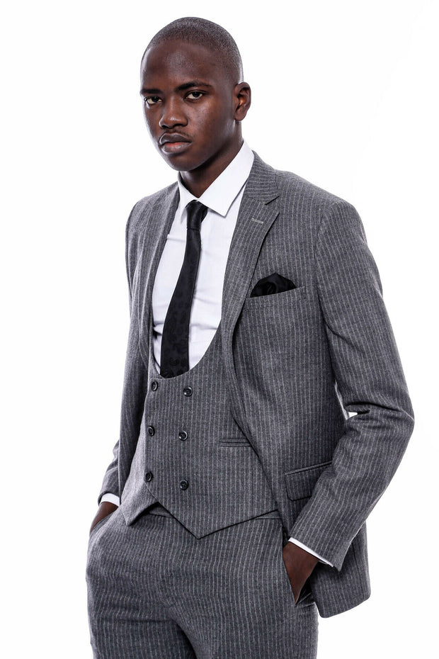 Striped Grey Double Breasted Suit $150 - $200, 3-piece-suit, 36, 38, 40, 42, 44, 46, 48, 6 Drop, Daily, Double Breasted, Italian, mens-suit_obsolete, Modern Fit, Office, Peak, Peak Lapel, Sli