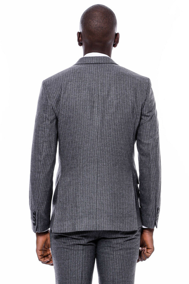 Striped Grey Double Breasted Suit $150 - $200, 3-piece-suit, 36, 38, 40, 42, 44, 46, 48, 6 Drop, Daily, Double Breasted, Italian, mens-suit_obsolete, Modern Fit, Office, Peak, Peak Lapel, Sli