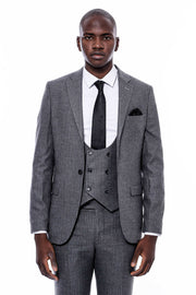 Striped Grey Double Breasted Suit $150 - $200, 3-piece-suit, 36, 38, 40, 42, 44, 46, 48, 6 Drop, Daily, Double Breasted, Italian, mens-suit_obsolete, Modern Fit, Office, Peak, Peak Lapel, Sli