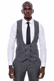 Striped Grey Double Breasted Suit $150 - $200, 3-piece-suit, 36, 38, 40, 42, 44, 46, 48, 6 Drop, Daily, Double Breasted, Italian, mens-suit_obsolete, Modern Fit, Office, Peak, Peak Lapel, Sli