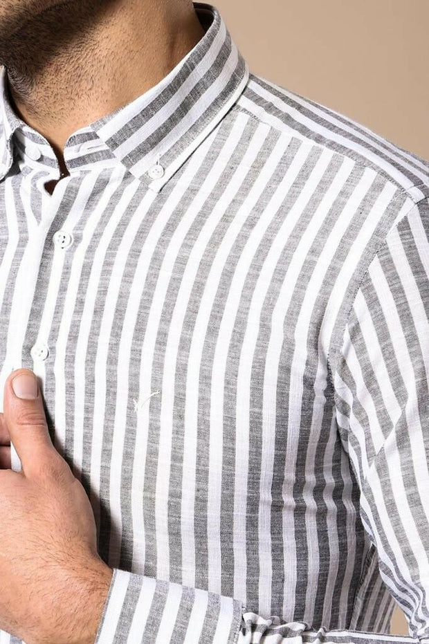 Striped Grey Linen Men's Shirt | Wessi 3-piece-suit, Casual, Daily, Italian, Linen Blend, Linen Shirt, Modern Fit, Patterned, Shirt, Slim Fit, Striped ShirtLinen Shirt - wessi