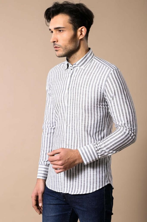 Striped Grey Linen Men's Shirt | Wessi 3-piece-suit, Casual, Daily, Italian, Linen Blend, Linen Shirt, Modern Fit, Patterned, Shirt, Slim Fit, Striped ShirtLinen Shirt - wessi