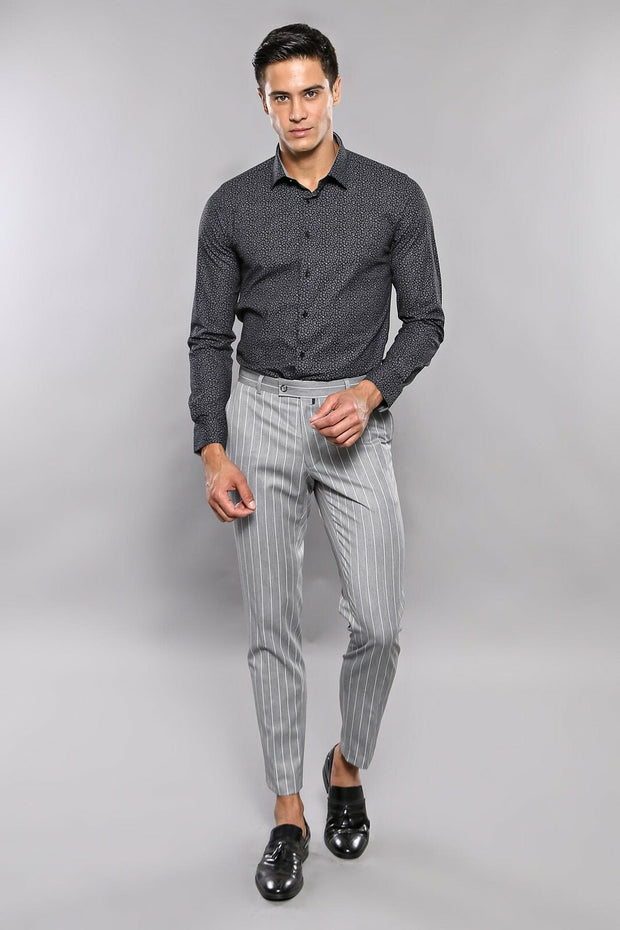 Striped Grey Slim-Fit Trousers | Wessi 28, 3-piece-suit, 30, 32, 34, 36, 38, 40, Casual, Daily, Modern Fit, Slim Fit, Striped, Trouser, Trousers TrouserTrousers - wessi