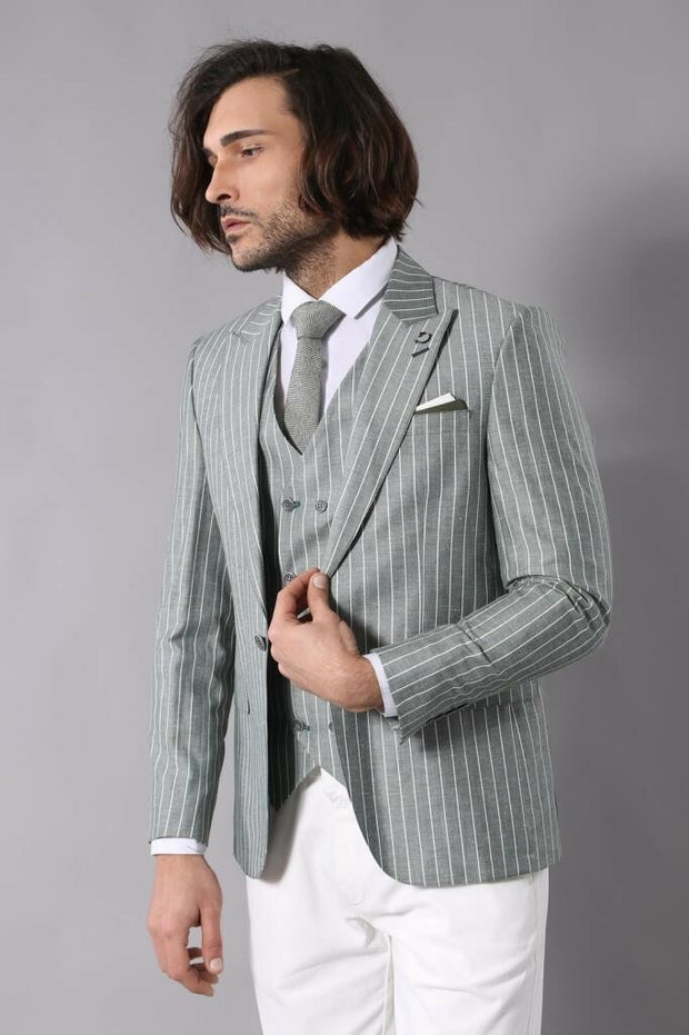 Striped Jacket Green Men's Suit | Wessi $100 - $150, 3-piece-suit, 34, 36, 38, 40, 42, 44, Casual, Daily, Double Breasted, mens-suit, mens-suit_obsolete, Modern Fit, Peak, Peak Lapel, Slim Fi