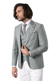 Striped Jacket Green Men's Suit | Wessi $100 - $150, 3-piece-suit, 34, 36, 38, 40, 42, 44, Casual, Daily, Double Breasted, mens-suit, mens-suit_obsolete, Modern Fit, Peak, Peak Lapel, Slim Fi