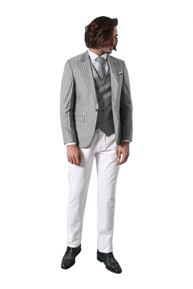 Striped Jacket Green Men's Suit | Wessi $100 - $150, 3-piece-suit, 34, 36, 38, 40, 42, 44, Casual, Daily, Double Breasted, mens-suit, mens-suit_obsolete, Modern Fit, Peak, Peak Lapel, Slim Fi