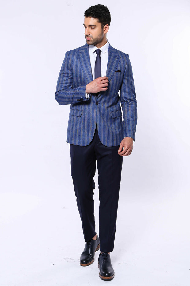 Striped Navy Blue Blazer $50 - $100, 36, 38, 40, 42, 44, 46, 48, 6 Drop, Blue, Blue Blazer, casal, Italian, Men's Blazers, Modern Fit, Navy, Navy Blue, Party, Peak, Peak Lapel, Slim Fit, Spor