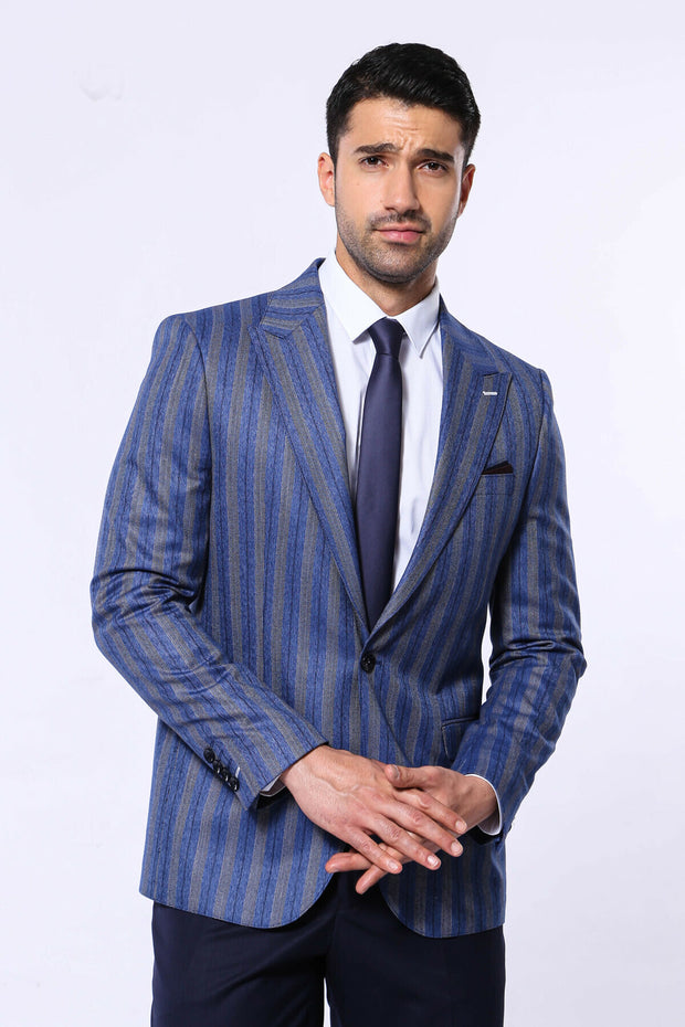 Striped Navy Blue Blazer $50 - $100, 36, 38, 40, 42, 44, 46, 48, 6 Drop, Blue, Blue Blazer, casal, Italian, Men's Blazers, Modern Fit, Navy, Navy Blue, Party, Peak, Peak Lapel, Slim Fit, Spor