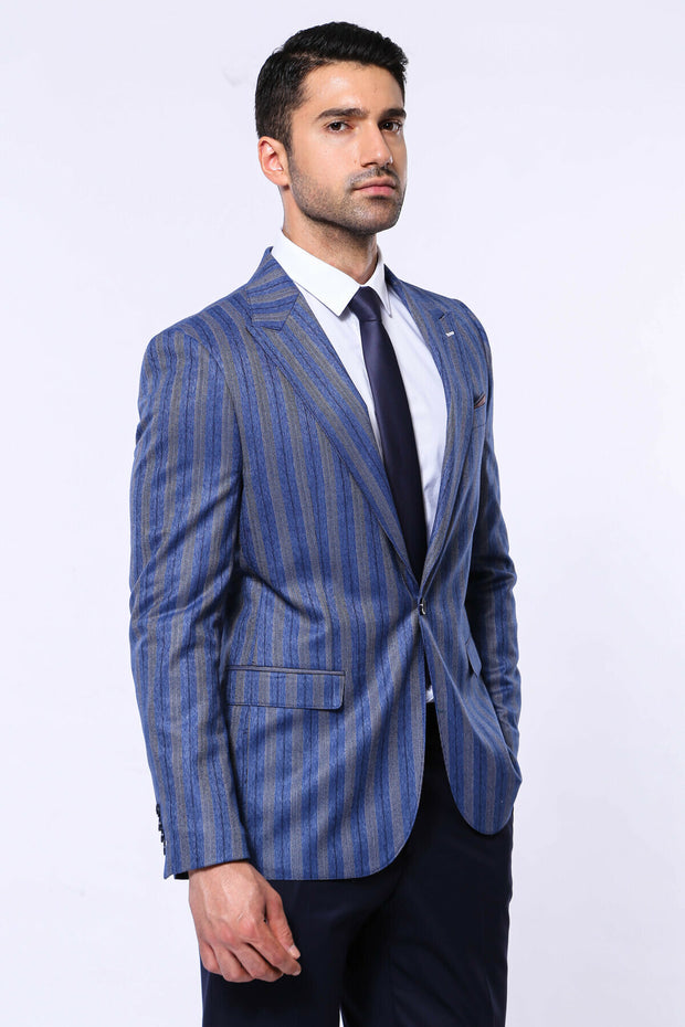 Striped Navy Blue Blazer $50 - $100, 36, 38, 40, 42, 44, 46, 48, 6 Drop, Blue, Blue Blazer, casal, Italian, Men's Blazers, Modern Fit, Navy, Navy Blue, Party, Peak, Peak Lapel, Slim Fit, Spor