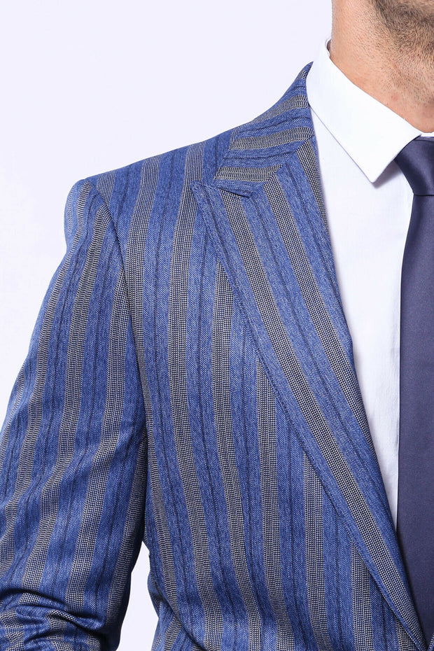 Striped Navy Blue Blazer $50 - $100, 36, 38, 40, 42, 44, 46, 48, 6 Drop, Blue, Blue Blazer, casal, Italian, Men's Blazers, Modern Fit, Navy, Navy Blue, Party, Peak, Peak Lapel, Slim Fit, Spor