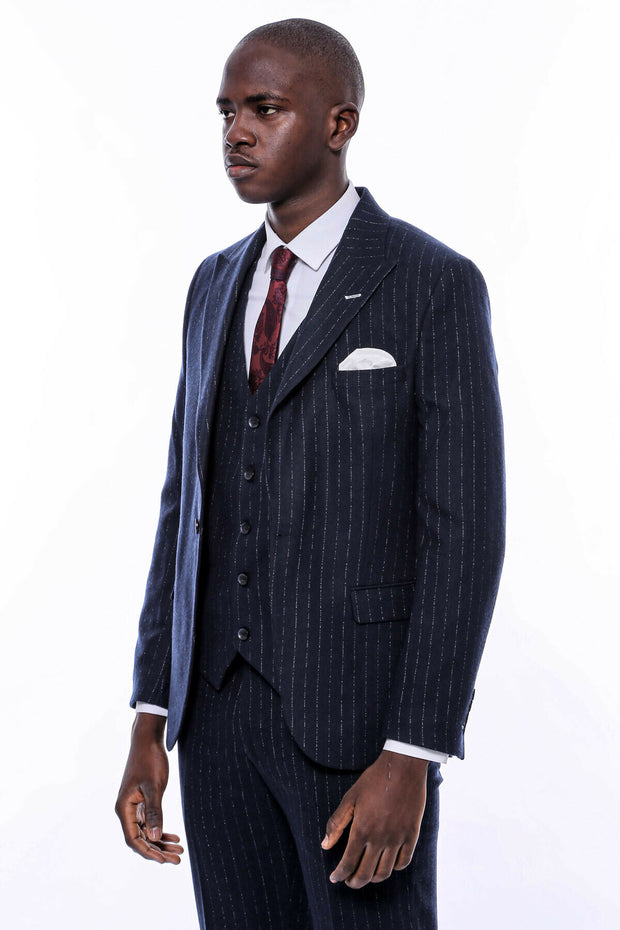 Striped Navy Vested Suit 3-piece-suit, 36, 38, 40, 42, 44, 46, 48, 6 Drop, Blue, Italian, Italian Suit, Modern Fit, Navy, Navy Blue Suit, navy-blue, Office, Peak, Peak Lapel, Slim Fit, Slim F