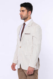 Striped Peak Lapel Beige Sport Coat 3-piece-suit, 34, 36, 38, 40, 42, 44, 46, 48, Men's Blazers, Modern Fit, Peak, Peak Lapel, Slim Fit, Slim Fit Blazers Men's BlazersSlim Fit Blazers - wessi