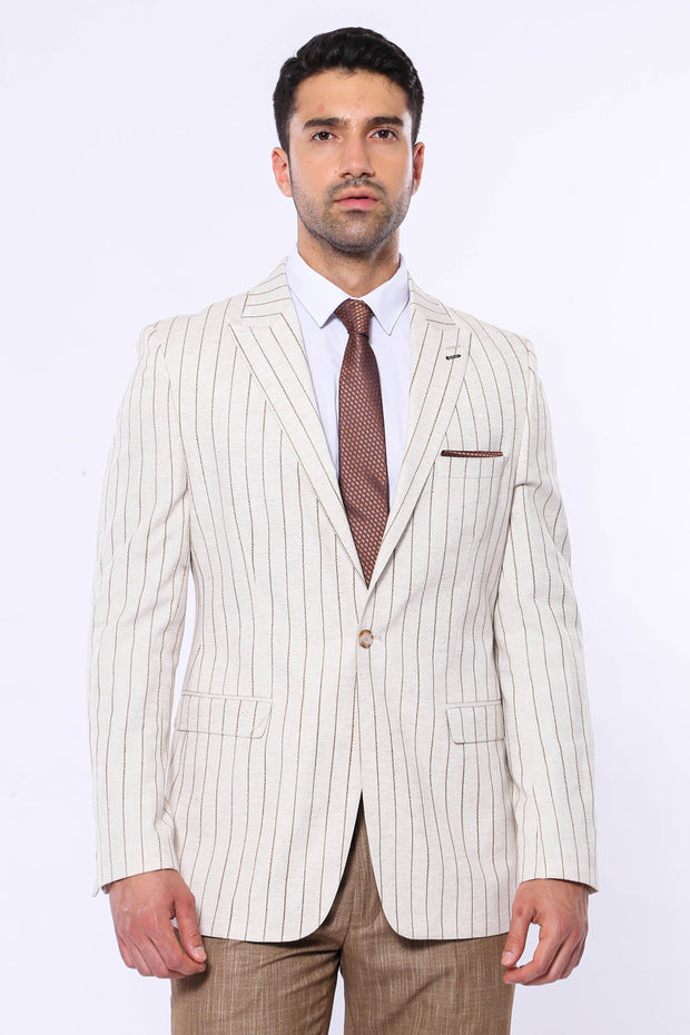 Striped Peak Lapel Beige Sport Coat 3-piece-suit, 34, 36, 38, 40, 42, 44, 46, 48, Men's Blazers, Modern Fit, Peak, Peak Lapel, Slim Fit, Slim Fit Blazers Men's BlazersSlim Fit Blazers - wessi