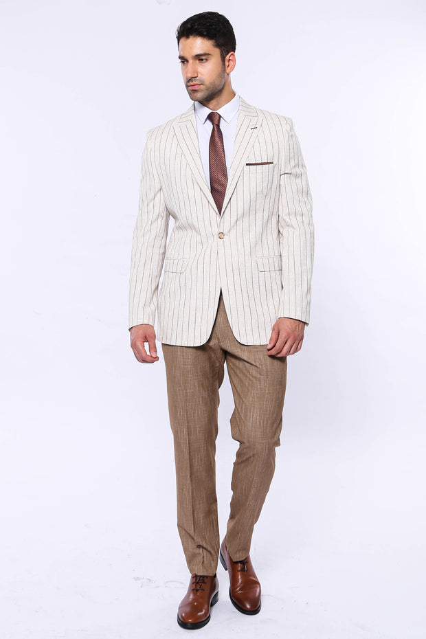 Striped Peak Lapel Beige Sport Coat 3-piece-suit, 34, 36, 38, 40, 42, 44, 46, 48, Men's Blazers, Modern Fit, Peak, Peak Lapel, Slim Fit, Slim Fit Blazers Men's BlazersSlim Fit Blazers - wessi