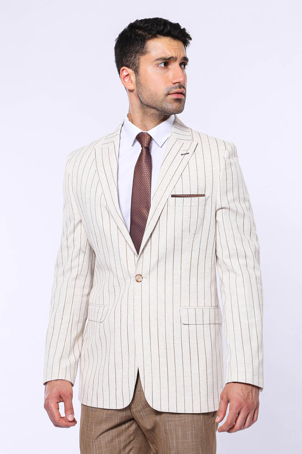 Striped Peak Lapel Beige Sport Coat 3-piece-suit, 34, 36, 38, 40, 42, 44, 46, 48, Men's Blazers, Modern Fit, Peak, Peak Lapel, Slim Fit, Slim Fit Blazers Men's BlazersSlim Fit Blazers - wessi