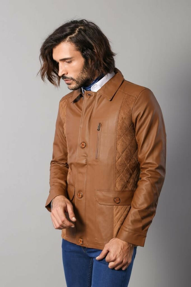 Tan Leather Coat 3-piece-suit, 36, 38, 40, 42, 44, 46, Brown, Jackets, Modern Fit, Outwear, Puffer Coats, Quilted, Slim Fit, Suede, tan, Zippered OutletBlazer - wessi