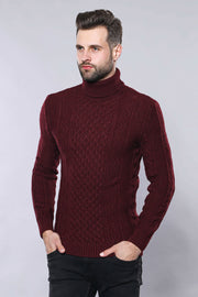 Turtleneck Patterned Burgundy Sweater | Wessi 3-piece-suit, Daily, Knit, Knitwear, Modern Fit, Patterned, S, Slim Fit, Turtle Neck, Turtle Neck Sweater KnitwearTurtle Neck Sweater - wessi