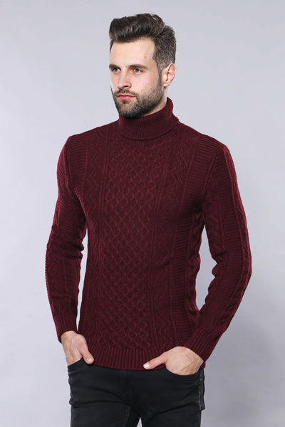 Turtleneck Patterned Burgundy Sweater | Wessi 3-piece-suit, Daily, Knit, Knitwear, Modern Fit, Patterned, S, Slim Fit, Turtle Neck, Turtle Neck Sweater KnitwearTurtle Neck Sweater - wessi