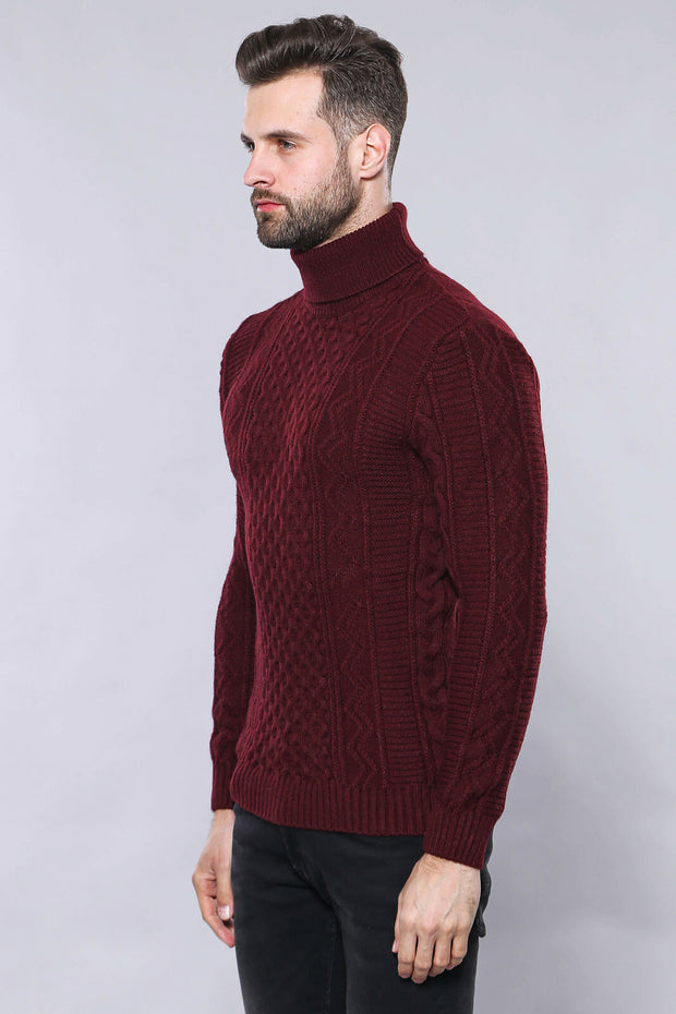 Turtleneck Patterned Burgundy Sweater | Wessi 3-piece-suit, Daily, Knit, Knitwear, Modern Fit, Patterned, S, Slim Fit, Turtle Neck, Turtle Neck Sweater KnitwearTurtle Neck Sweater - wessi