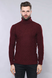 Turtleneck Patterned Burgundy Sweater | Wessi 3-piece-suit, Daily, Knit, Knitwear, Modern Fit, Patterned, S, Slim Fit, Turtle Neck, Turtle Neck Sweater KnitwearTurtle Neck Sweater - wessi