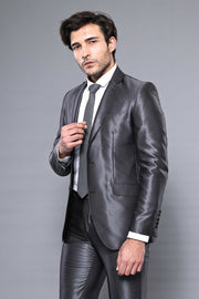 Two Buttons Shiny Fume Suit $30 - $50, 3-piece-suit, 34, 6 Drop, Dark Grey, Grey, Grey Suit, Italian, mens-suit_obsolete, Modern Fit, Notch, Party, Shiny, Slim Fit, Slim Fit Suit, Suit SuitSl