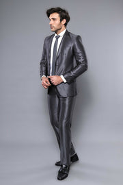 Two Buttons Shiny Fume Suit $30 - $50, 3-piece-suit, 34, 6 Drop, Dark Grey, Grey, Grey Suit, Italian, mens-suit_obsolete, Modern Fit, Notch, Party, Shiny, Slim Fit, Slim Fit Suit, Suit SuitSl