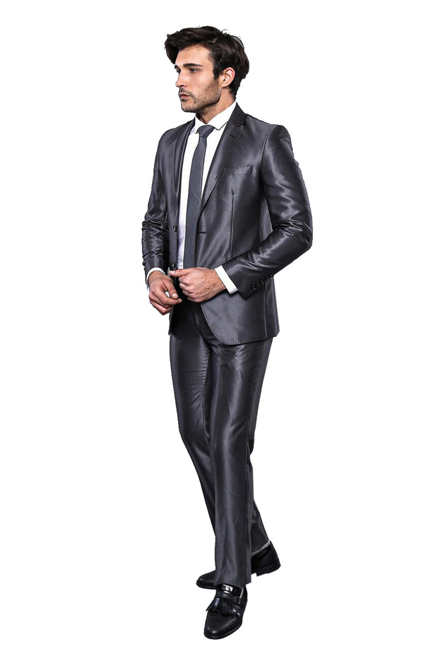 Two Buttons Shiny Fume Suit $30 - $50, 3-piece-suit, 34, 6 Drop, Dark Grey, Grey, Grey Suit, Italian, mens-suit_obsolete, Modern Fit, Notch, Party, Shiny, Slim Fit, Slim Fit Suit, Suit SuitSl