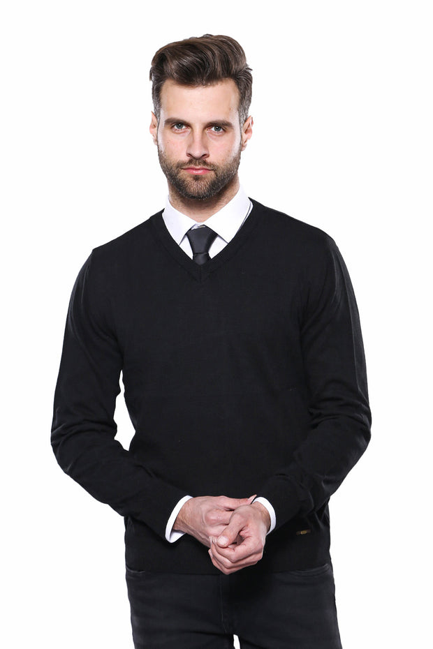 V Neck Black Sweater | Wessi 3-piece-suit, Basic, Daily, Essentials, Knitwear, Modern Fit, Plain, Slim Fit, V Neck KnitwearV Neck - wessi