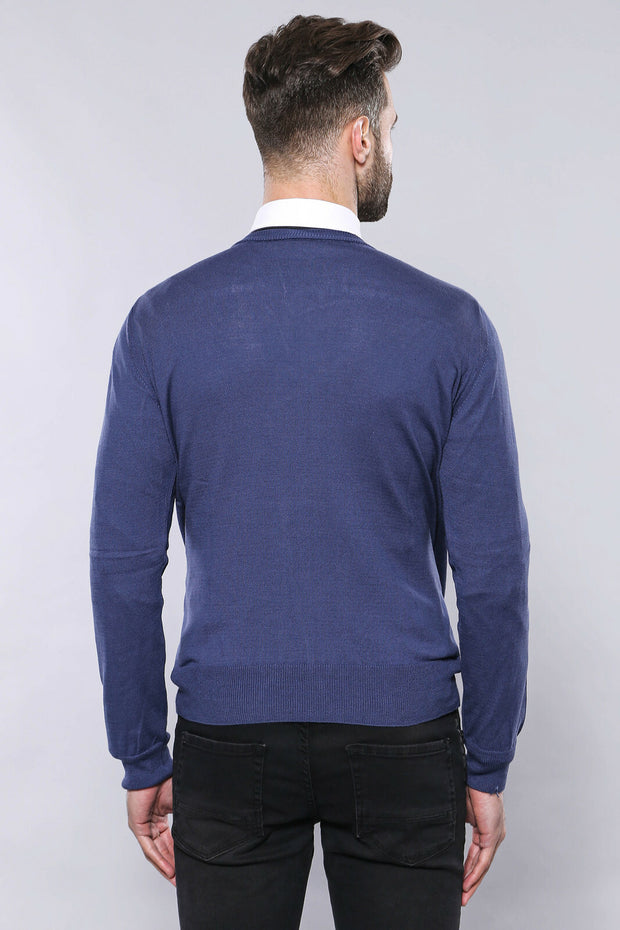 V Neck Blue Sweater | Wessi 3-piece-suit, Basic, blue, Daily, Essentials, Knitwear, Modern Fit, Plain, Slim Fit, V Neck KnitwearV Neck - wessi