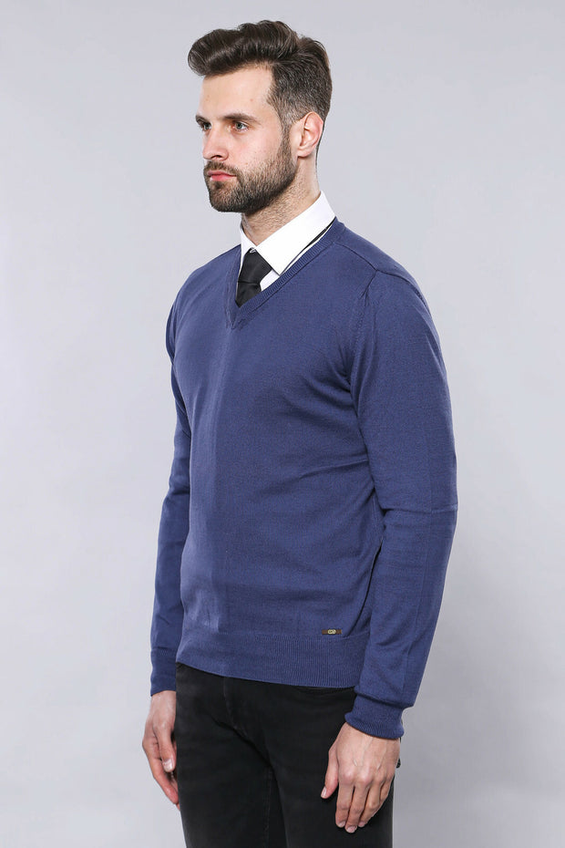 V Neck Blue Sweater | Wessi 3-piece-suit, Basic, blue, Daily, Essentials, Knitwear, Modern Fit, Plain, Slim Fit, V Neck KnitwearV Neck - wessi