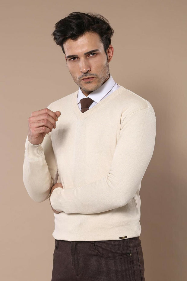 V Neck Cream Sweater 3-piece-suit, Basic, Daily, Essentials, Knitwear, Plain, V Neck KnitwearV Neck - wessi