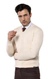 V Neck Cream Sweater 3-piece-suit, Basic, Daily, Essentials, Knitwear, Plain, V Neck KnitwearV Neck - wessi