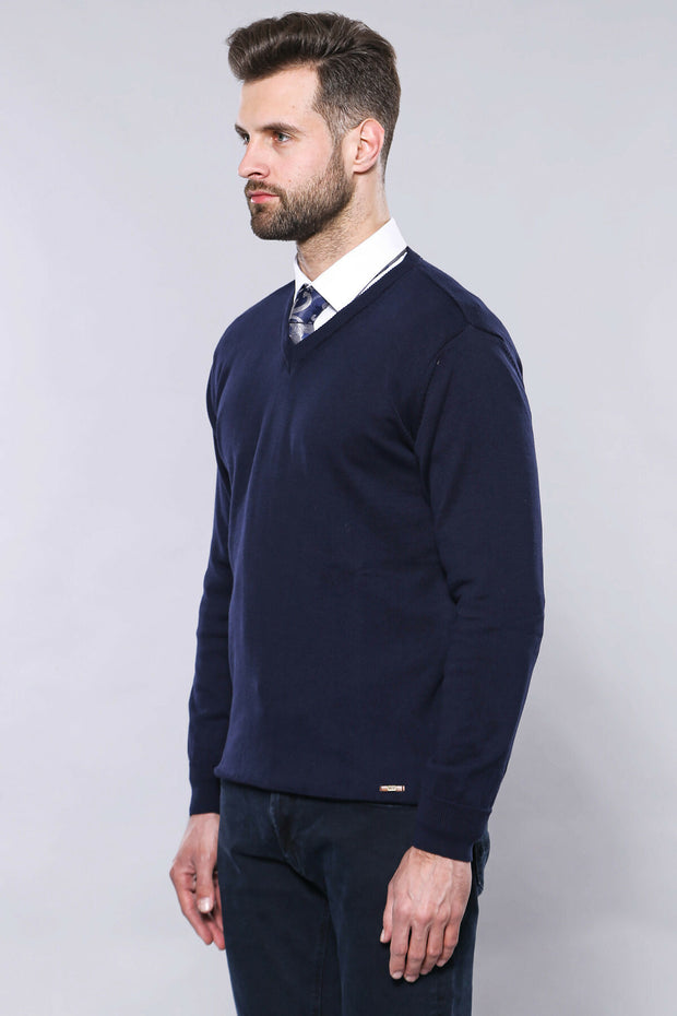 V Neck Dark Blue Knitwear | Wessi 3-piece-suit, Basic, Daily, Essentials, Knitwear, Modern Fit, Plain, Slim Fit, V Neck KnitwearV Neck - wessi