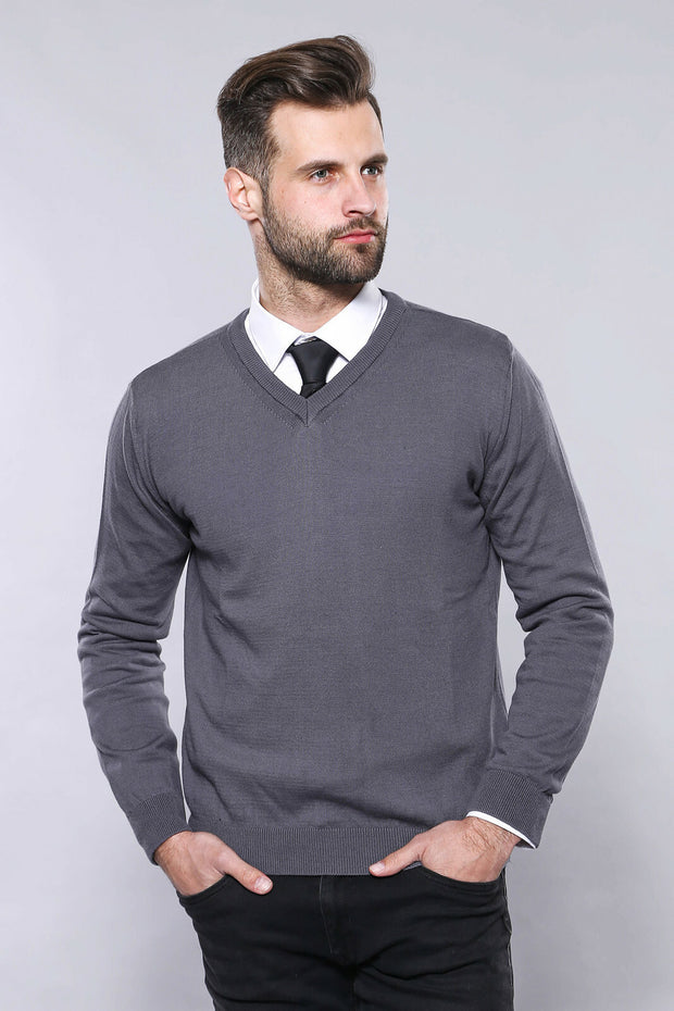 V Neck Dark Grey Sweater | Wessi 3-piece-suit, Basic, Daily, Essentials, Knitwear, Modern Fit, Plain, Slim Fit, V Neck KnitwearV Neck - wessi