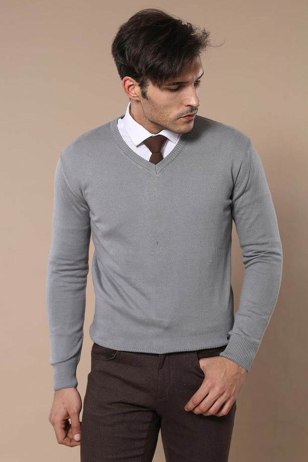 V Neck Grey Sweater 3-piece-suit, Basic, Daily, Essentials, Knitwear, Modern Fit, Plain, Slim Fit, V Neck KnitwearV Neck - wessi