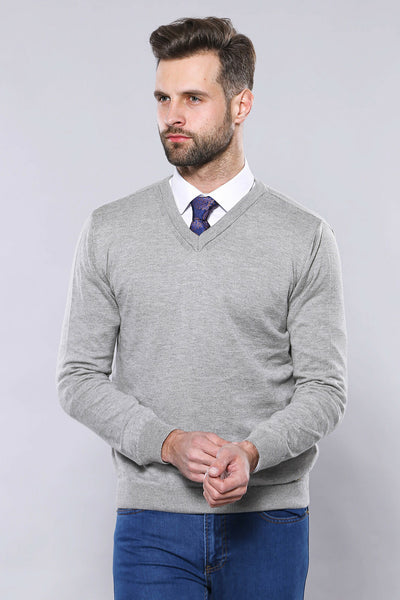 V Neck Grey Sweater | Wessi 3-piece-suit, Basic, Daily, Essentials, Knitwear, Modern Fit, Plain, Slim Fit, V Neck KnitwearV Neck - wessi