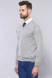 V Neck Grey Sweater | Wessi 3-piece-suit, Basic, Daily, Essentials, Knitwear, Modern Fit, Plain, Slim Fit, V Neck KnitwearV Neck - wessi