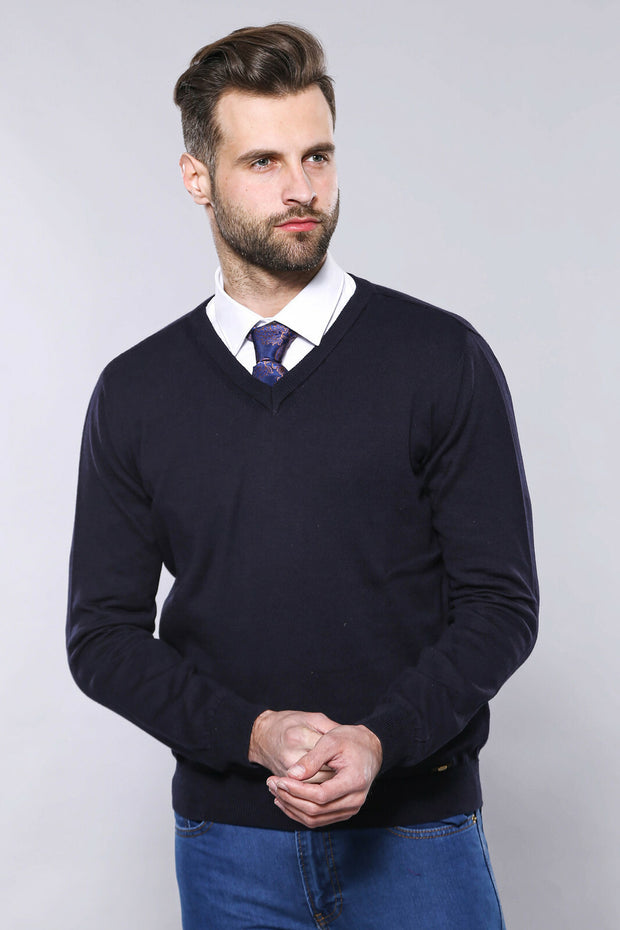 V Neck Navy Sweater | Wessi 3-piece-suit, Basic, Blue, Daily, Essentials, Knitwear, Modern Fit, Navy, navy-blue, Plain, Slim Fit, V Neck KnitwearV Neck - wessi