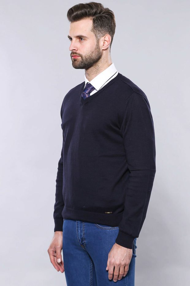 V Neck Navy Sweater | Wessi 3-piece-suit, Basic, Blue, Daily, Essentials, Knitwear, Modern Fit, Navy, navy-blue, Plain, Slim Fit, V Neck KnitwearV Neck - wessi