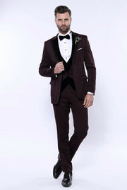 Velvet Collar Patterned Burgundy Tuxedo | Wessi 3 Piece Suits, 3-piece-suit, 34, 36, 38, 40, 42, 44, 46, 48, Modern Fit, Party, Peak, Peak Lapel, Slim Fit, Suit, Wedding Suit3 Piece Suits - w