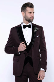 Velvet Collar Patterned Burgundy Tuxedo | Wessi 3 Piece Suits, 3-piece-suit, 34, 36, 38, 40, 42, 44, 46, 48, Modern Fit, Party, Peak, Peak Lapel, Slim Fit, Suit, Wedding Suit3 Piece Suits - w