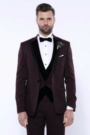 Velvet Collar Patterned Burgundy Tuxedo | Wessi 3 Piece Suits, 3-piece-suit, 34, 36, 38, 40, 42, 44, 46, 48, Modern Fit, Party, Peak, Peak Lapel, Slim Fit, Suit, Wedding Suit3 Piece Suits - w