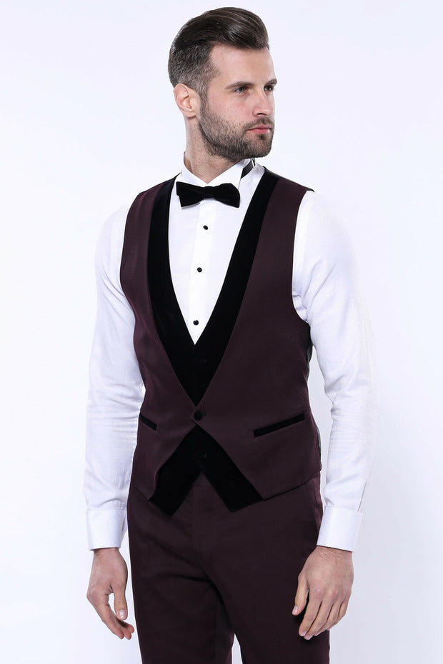 Velvet Collar Patterned Burgundy Tuxedo | Wessi 3 Piece Suits, 3-piece-suit, 34, 36, 38, 40, 42, 44, 46, 48, Modern Fit, Party, Peak, Peak Lapel, Slim Fit, Suit, Wedding Suit3 Piece Suits - w