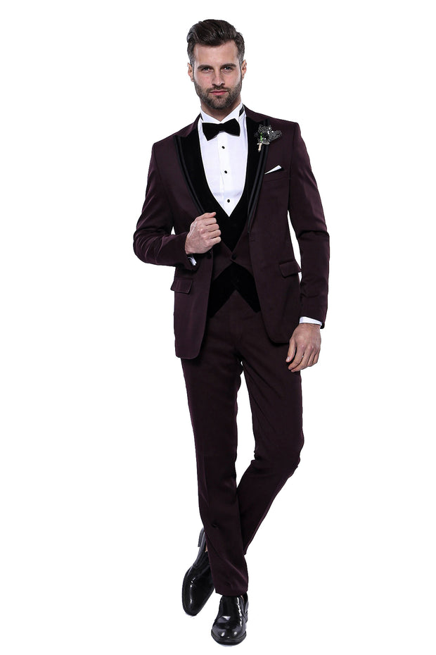 Velvet Collar Patterned Burgundy Tuxedo | Wessi 3 Piece Suits, 3-piece-suit, 34, 36, 38, 40, 42, 44, 46, 48, Modern Fit, Party, Peak, Peak Lapel, Slim Fit, Suit, Wedding Suit3 Piece Suits - w