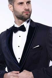 Velvet Collar Patterned Dark Blue Tuxedo 3 Piece Suits, 3-piece-suit, 34, 36, 38, 40, 42, 44, 46, 48, Blue, Modern Fit, Navy, navy-blue, Party, Slim Fit, Suit, Wedding Suit3 Piece Suits - wes