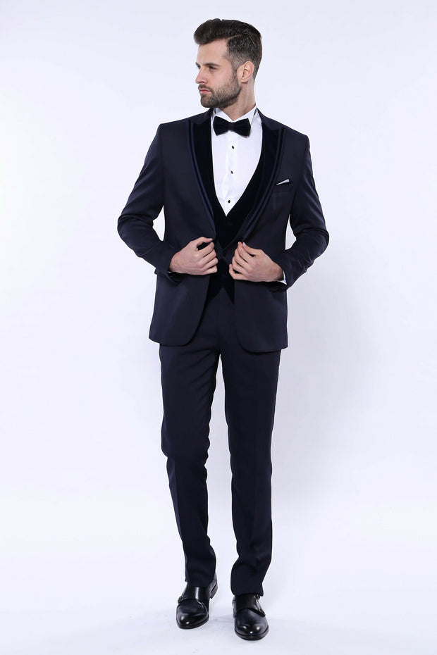 Velvet Collar Patterned Dark Blue Tuxedo 3 Piece Suits, 3-piece-suit, 34, 36, 38, 40, 42, 44, 46, 48, Blue, Modern Fit, Navy, navy-blue, Party, Slim Fit, Suit, Wedding Suit3 Piece Suits - wes