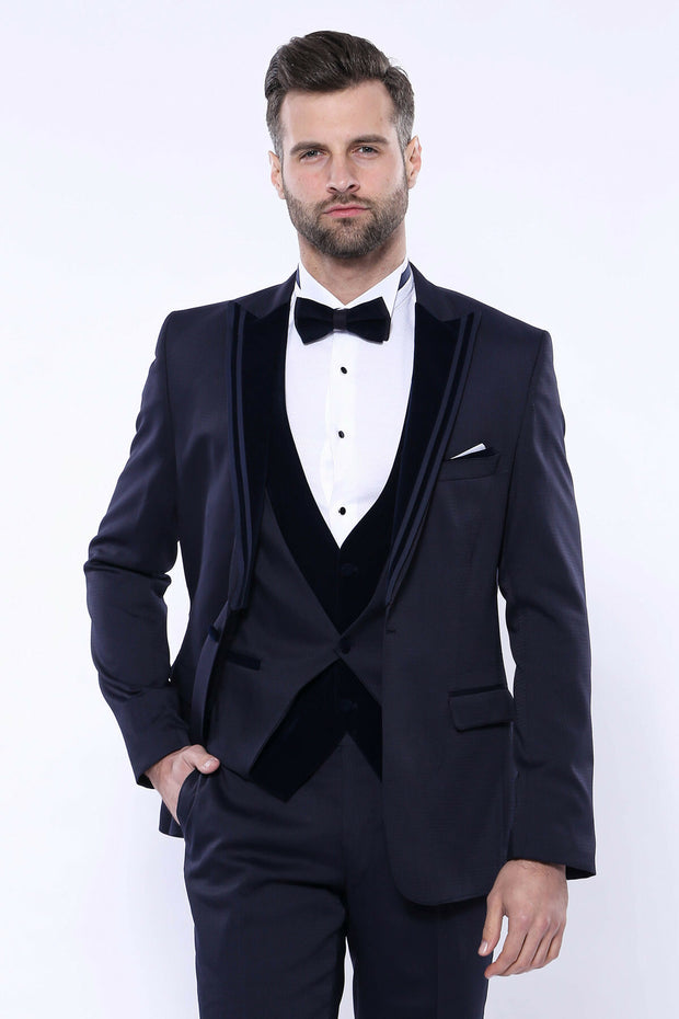 Velvet Collar Patterned Dark Blue Tuxedo 3 Piece Suits, 3-piece-suit, 34, 36, 38, 40, 42, 44, 46, 48, Blue, Modern Fit, Navy, navy-blue, Party, Slim Fit, Suit, Wedding Suit3 Piece Suits - wes