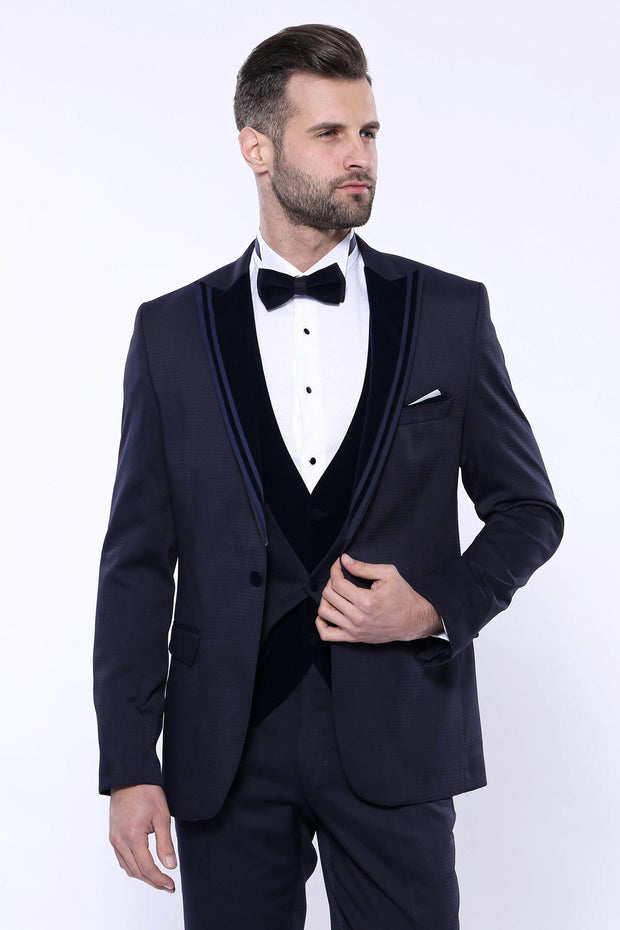 Velvet Collar Patterned Dark Blue Tuxedo 3 Piece Suits, 3-piece-suit, 34, 36, 38, 40, 42, 44, 46, 48, Blue, Modern Fit, Navy, navy-blue, Party, Slim Fit, Suit, Wedding Suit3 Piece Suits - wes